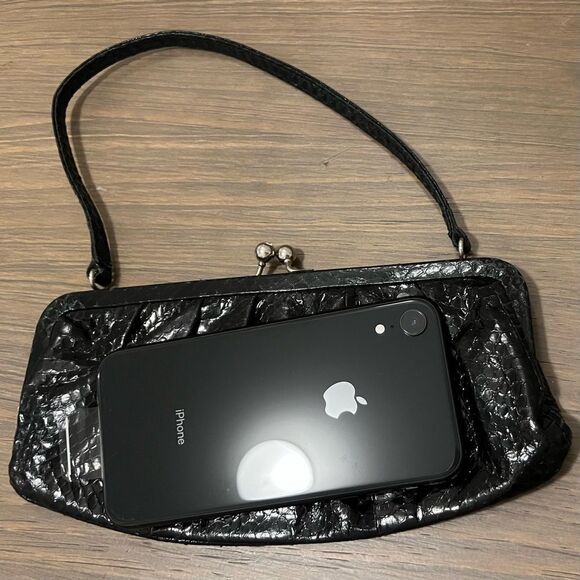 Vintage 90s Y2k Bebe Black Snakeskin Leather Small Evening Handbag Clutch Party - Picture 11 of 13